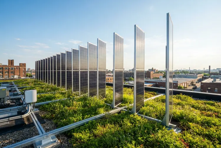 Vertical bifacial solar panels power Queens rooftop with green roof